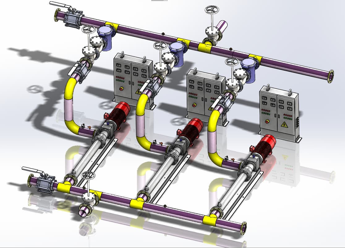 3D model of multi-pump system with valves and control panels for ESP applications