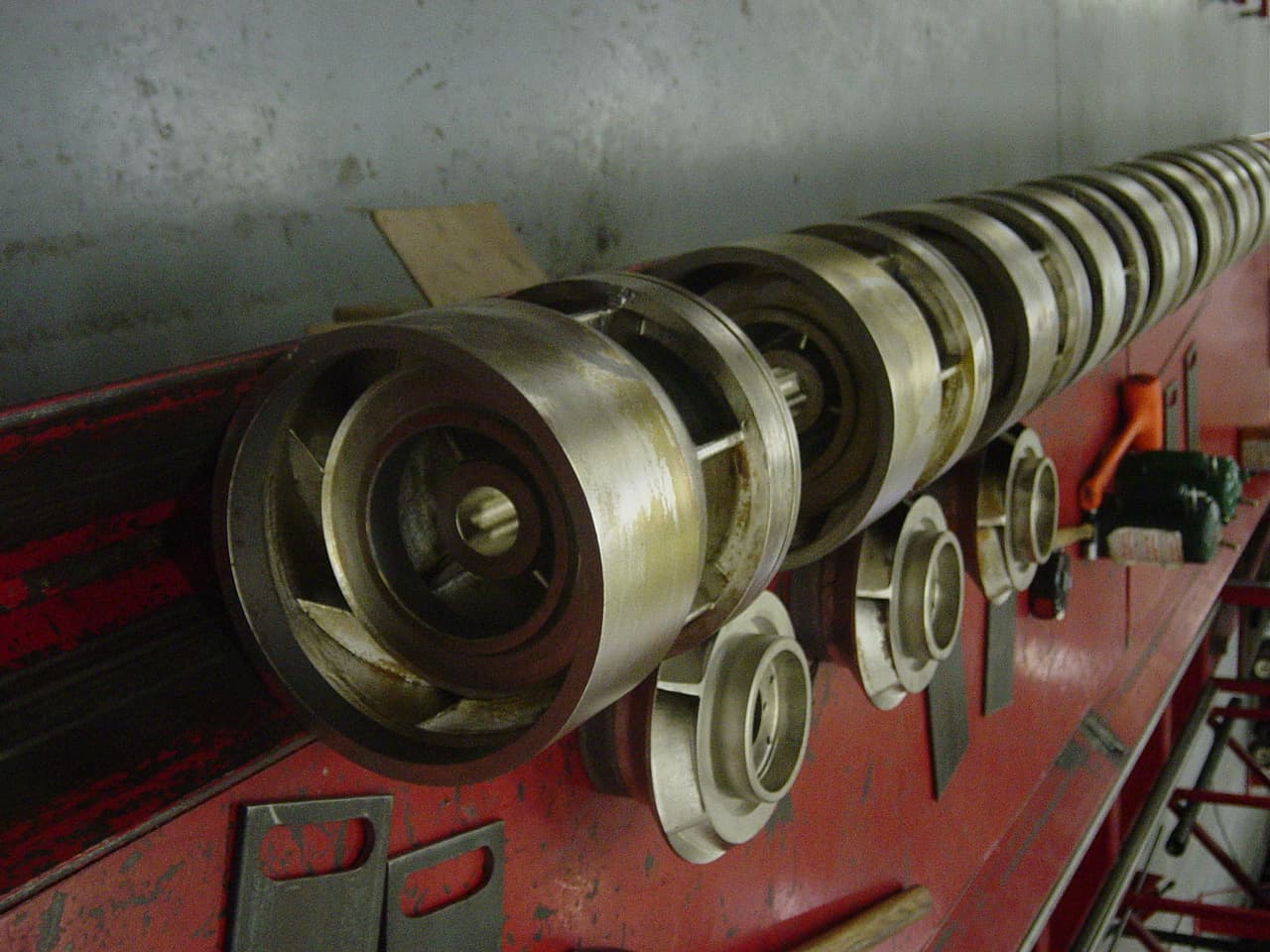 Industrial ESP pump impeller stack on assembly rack for oilfield applications